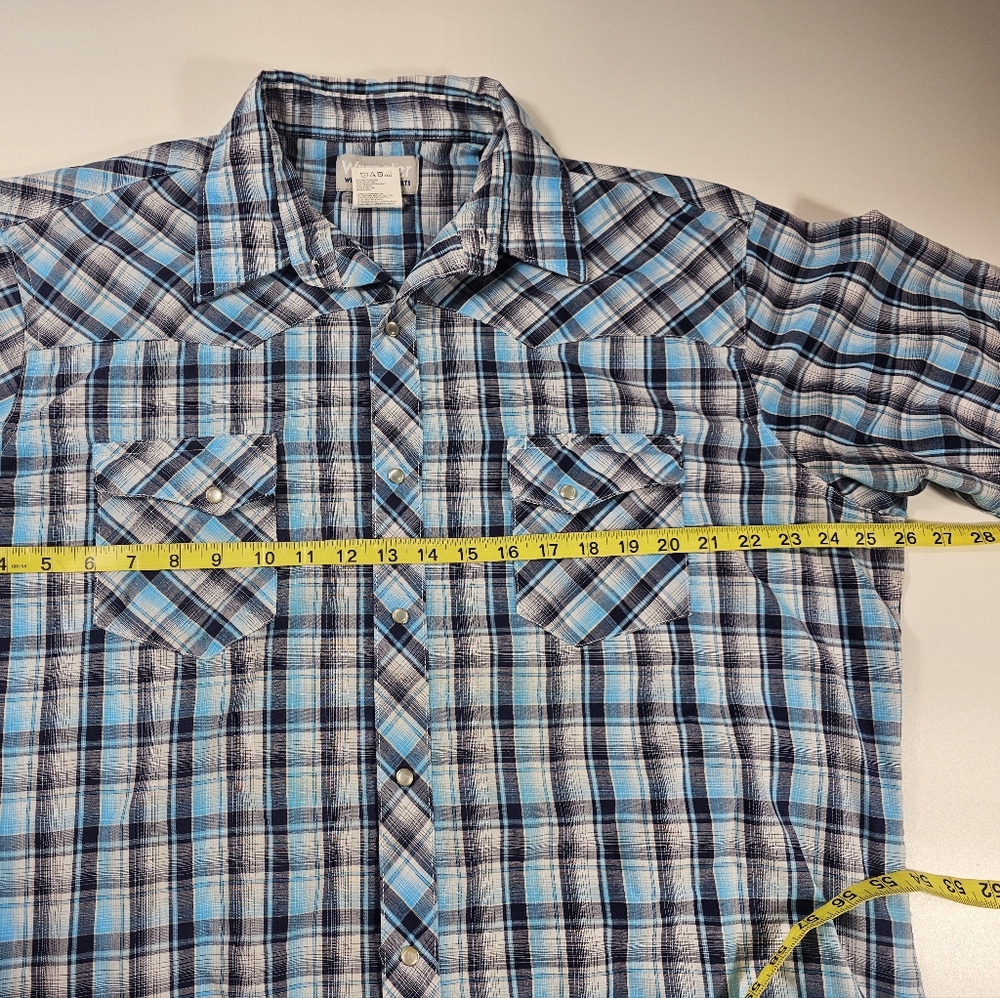Wrangler Wrancher Pearl Snap Men XL Shirt Short Sleeve Aqua Blue Plaid Western - Picture 5 of 6